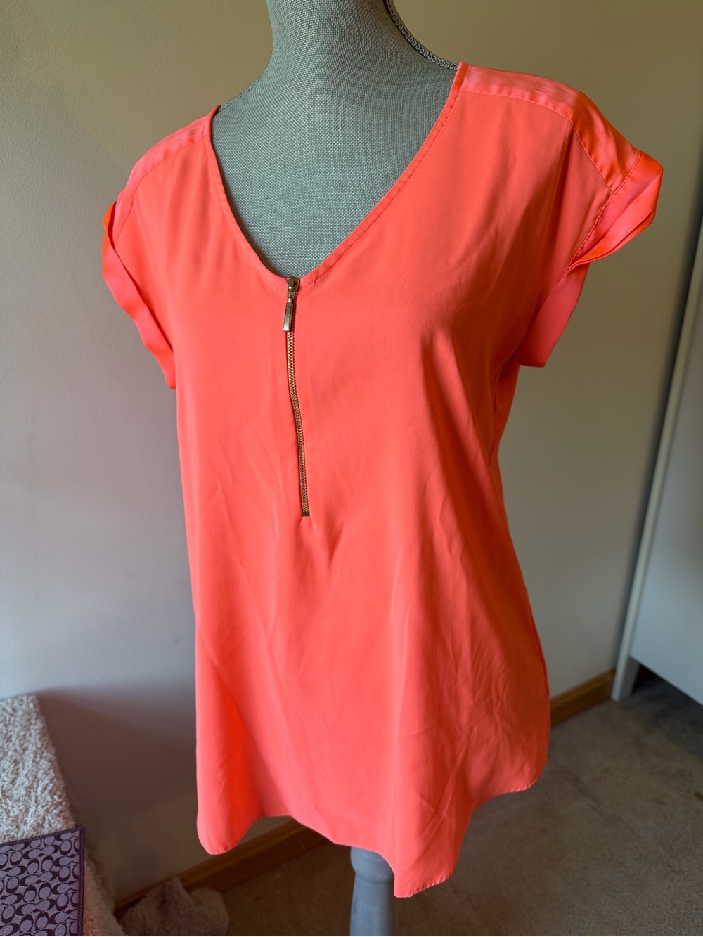Express Coral Zip-Front V-Neck Blouse